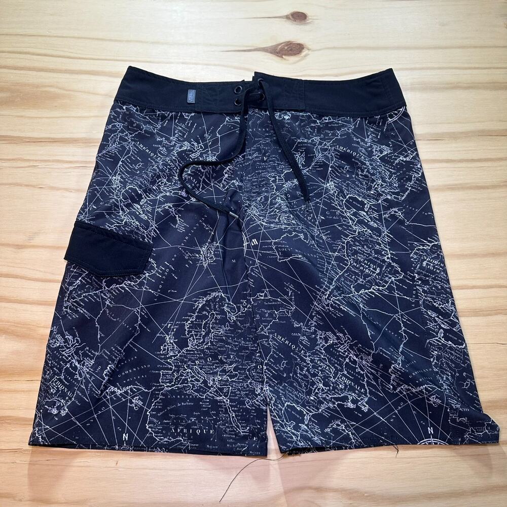 Vintage Y2K No Fear Board Shorts Swim Trunks Black Globe Map Pattern Mens 32
